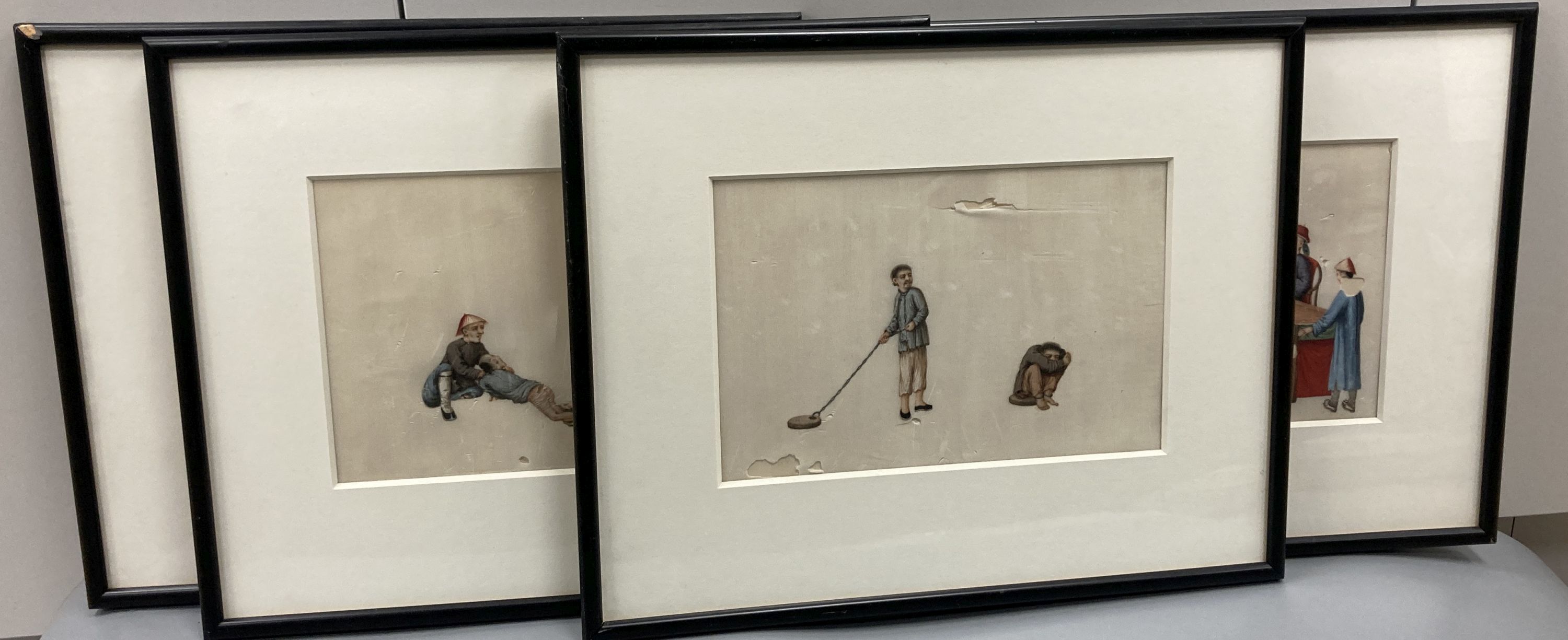 Chinese School c.1900, four gouache on pith paper, Execution and torture scenes, 15 x 22cm